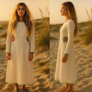 NWT Rhode Thierry Linen Cut-Outs A-Line Round Neck Midi Dress Cream Size: 10